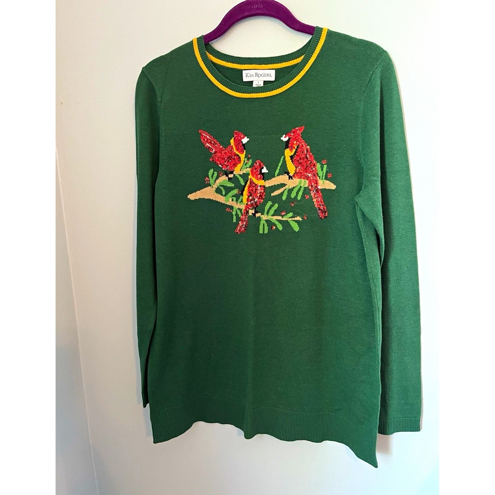 Kim Rogers Womens Pullover Sweater S Green Sequin Bird Knit Crew Neck
